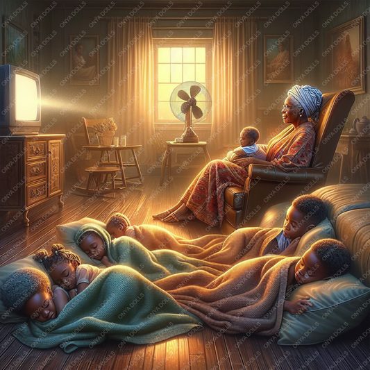 High-resolution PNG of a melanin-rich family enjoying a sleepover at grandma’s house, perfect for Mother’s Day crafts, cards, and keepsakes.
