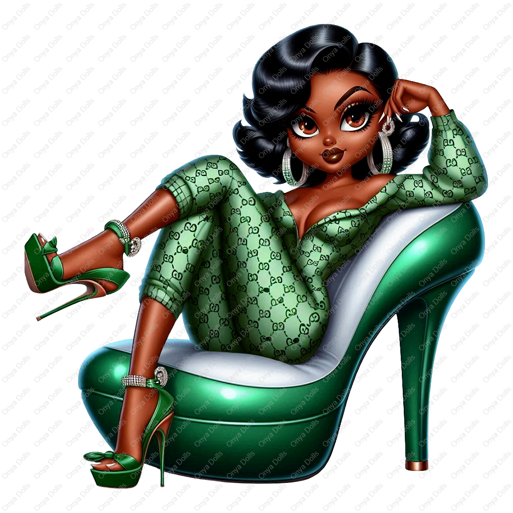 High-resolution PNG of Afro Betty Boop-inspired character sitting confidently with melanin-rich features and stylish attitude. Transparent background.
