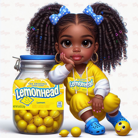Playful melanin digital doll styled with yellow Lemonhead candy-inspired colors, smiling confidently in a vibrant outfit. High-resolution PNG for candy-themed crafts and kids’ designs.
