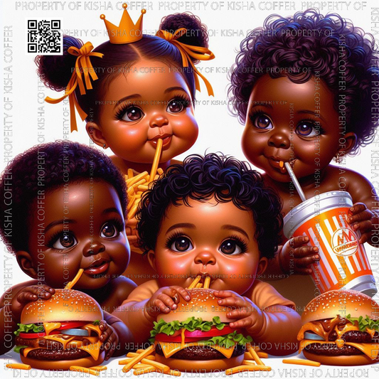 Melanin child digital doll with curly hair happily eating Whataburger, wearing a playful outfit and smiling. Perfect for foodie-themed crafts and planner art.

