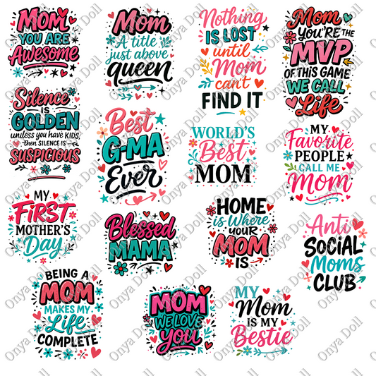 "A collection of beautifully designed Mother's Day digital files, featuring heartfelt messages, floral-themed graphics, and customizable templates for cards, prints, and gifts."