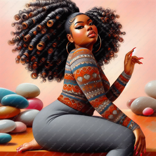 A digital illustration of a beautiful, classy African American woman with full curly hair. She stands confidently with a soft expression, styled in fashionable attire. The high-resolution PNG features rich melanin tones, fine detailing, and a transparent background — ideal for sublimation, planners, and digital crafts.