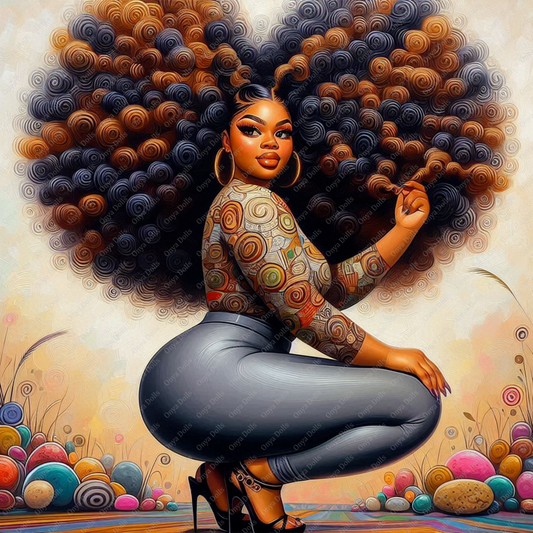 A high-resolution digital illustration of a plus-size African American woman with rich melanin skin and voluminous hair. She stands confidently, dressed in classy attire with a poised expression. The PNG features clean lines, bold detailing, and a transparent background — ideal for sublimation, planners, and digital design.