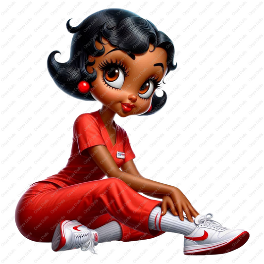High-resolution PNG of an African American Betty Boop-inspired nurse in red scrubs, striking a confident pose with melanin-rich features and medical flair.
