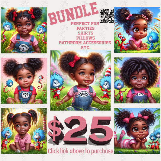 PNG bundle featuring a melanin-rich child in playful Seuss-inspired scenes, perfect for storybook crafts, kids' decor, and creative designs.
