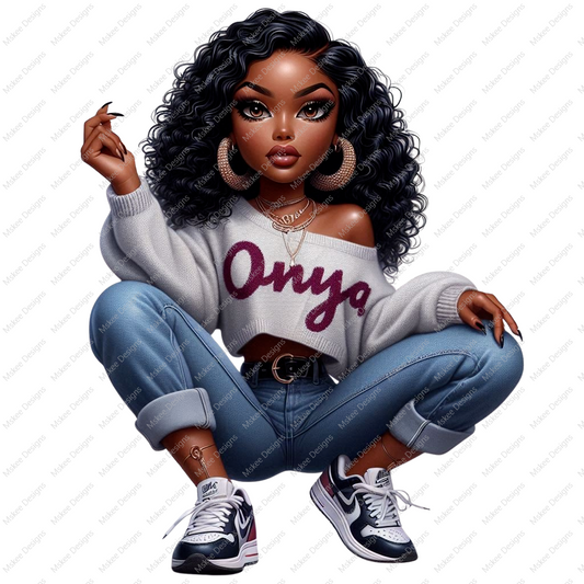 High-resolution PNG of Onya Doll wearing a grey off-shoulder sweater, styled for fashion-themed sublimation or planner designs. Transparent background.
