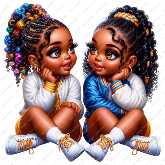 High-resolution PNG of two stylish Onya Dolls standing together, symbolizing best friends, twins, or cousins. Transparent background, perfect for sublimation.
