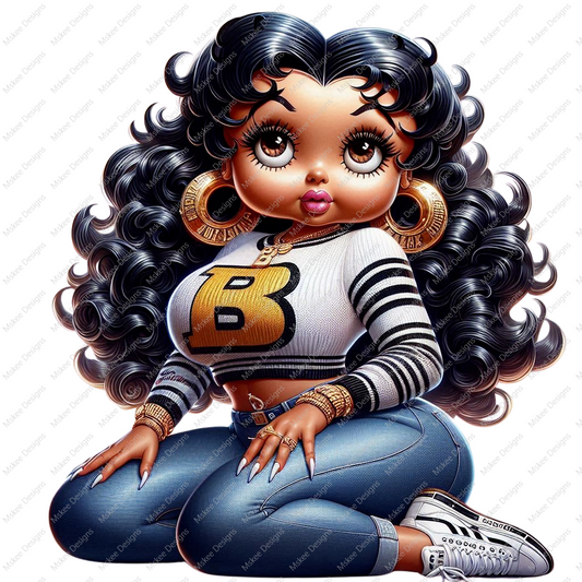 High-resolution PNG of a plus-size Afro Betty Boop wearing a grey sweater and heels, striking a confident pose. Transparent background.
