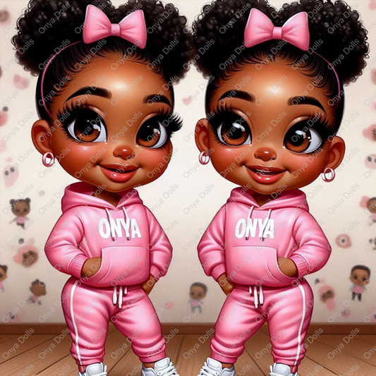 High-resolution PNG of twin melanin girls dressed in pink outfits, smiling confidently. Transparent background, ideal for sublimation and digital projects.
