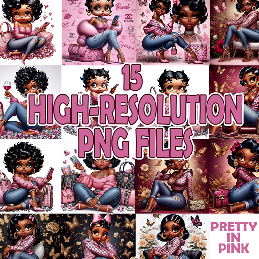 Bundle of 15 high-resolution PNGs of Betty Boop in stylish pink outfits with transparent backgrounds, perfect for tumblers, planners, and crafts.
