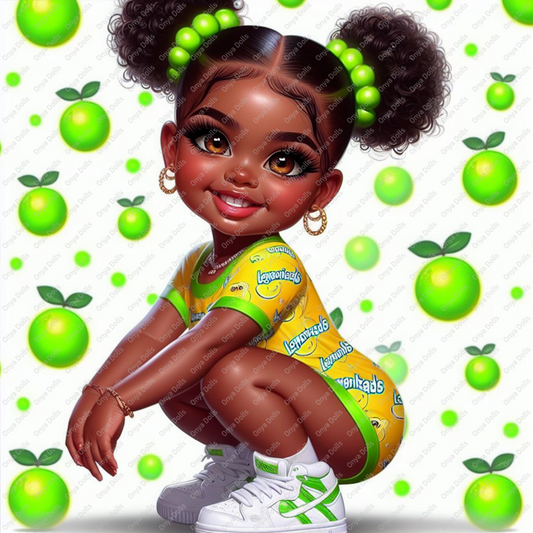 Digital PNG of a stylish African American doll character with bright lemon-yellow accessories and playful expression, designed for a 20 oz tumbler wrap. High-resolution with a transparent background, ideal for summer-themed sublimation and planner crafts.
