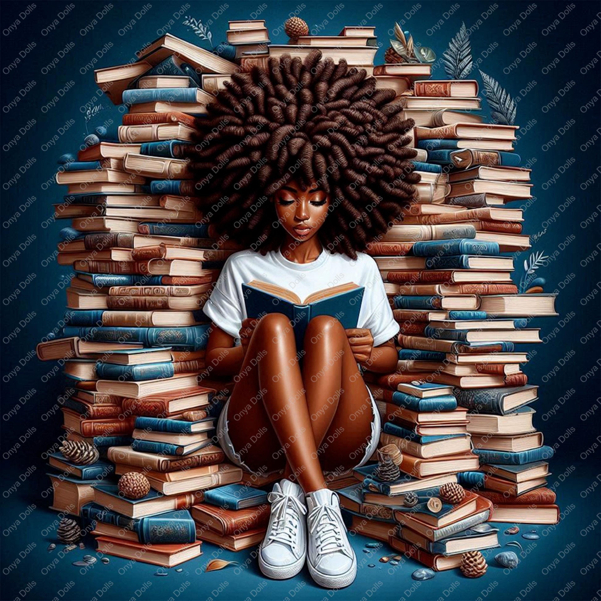 ONYA Reading Girl PNG featuring a Black girl with curly hair reading books for sublimation and crafting
