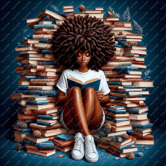 ONYA Reading Girl PNG featuring a Black girl with curly hair reading books for sublimation and crafting
