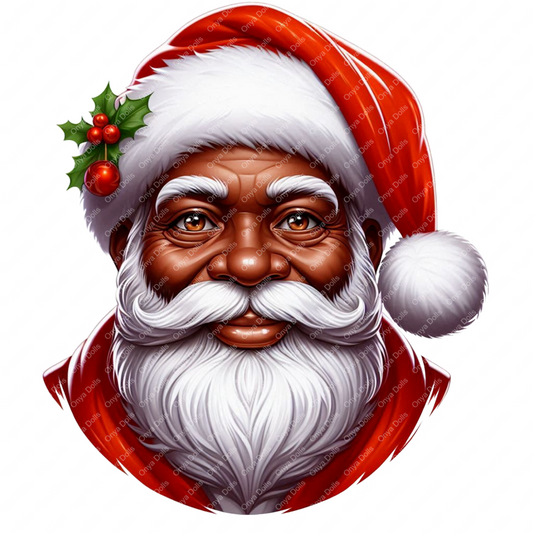 Black Santa Claus with white beard and red Santa hat, high-resolution PNG for Christmas sublimation, tumblers, planners, and festive crafts.
