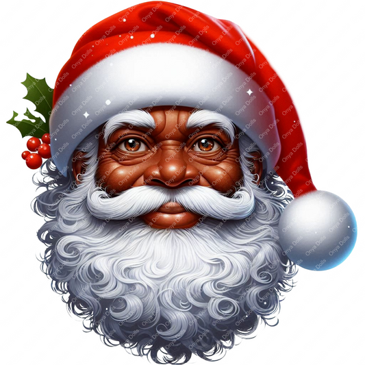Realistic Black Santa Claus with white beard, red hat, and holly sprig, ideal for sublimation, planners, and Christmas designs.
