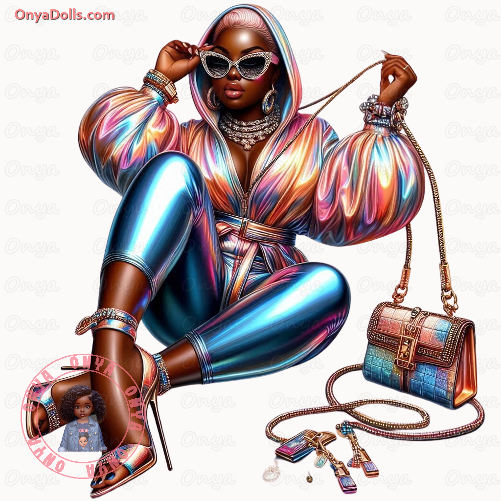 High-resolution PNG of a glamorous melanin-rich woman shining with confidence and style, ideal for fashion crafts, shirts, and digital planners.
