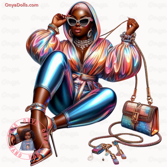 High-resolution PNG of a glamorous melanin-rich woman shining with confidence and style, ideal for fashion crafts, shirts, and digital planners.
