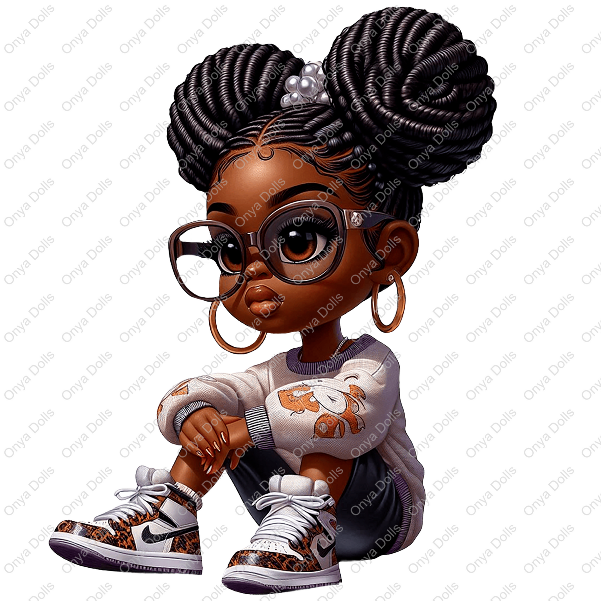 High-resolution PNG of Onya girl with glasses and afro puffs, smiling confidently. Transparent background, ideal for sublimation and planner art.
