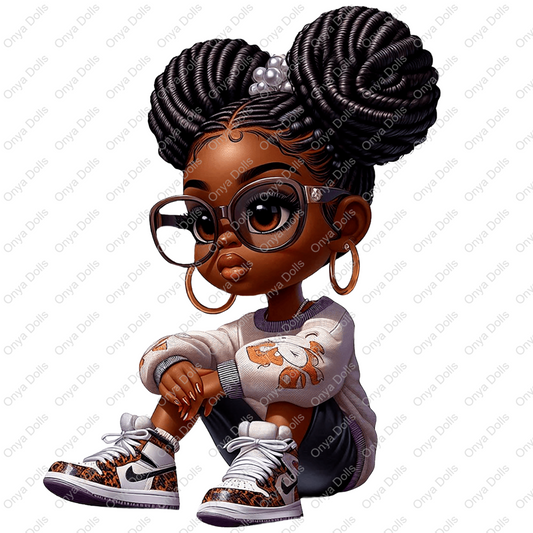 High-resolution PNG of Onya girl with glasses and afro puffs, smiling confidently. Transparent background, ideal for sublimation and planner art.
