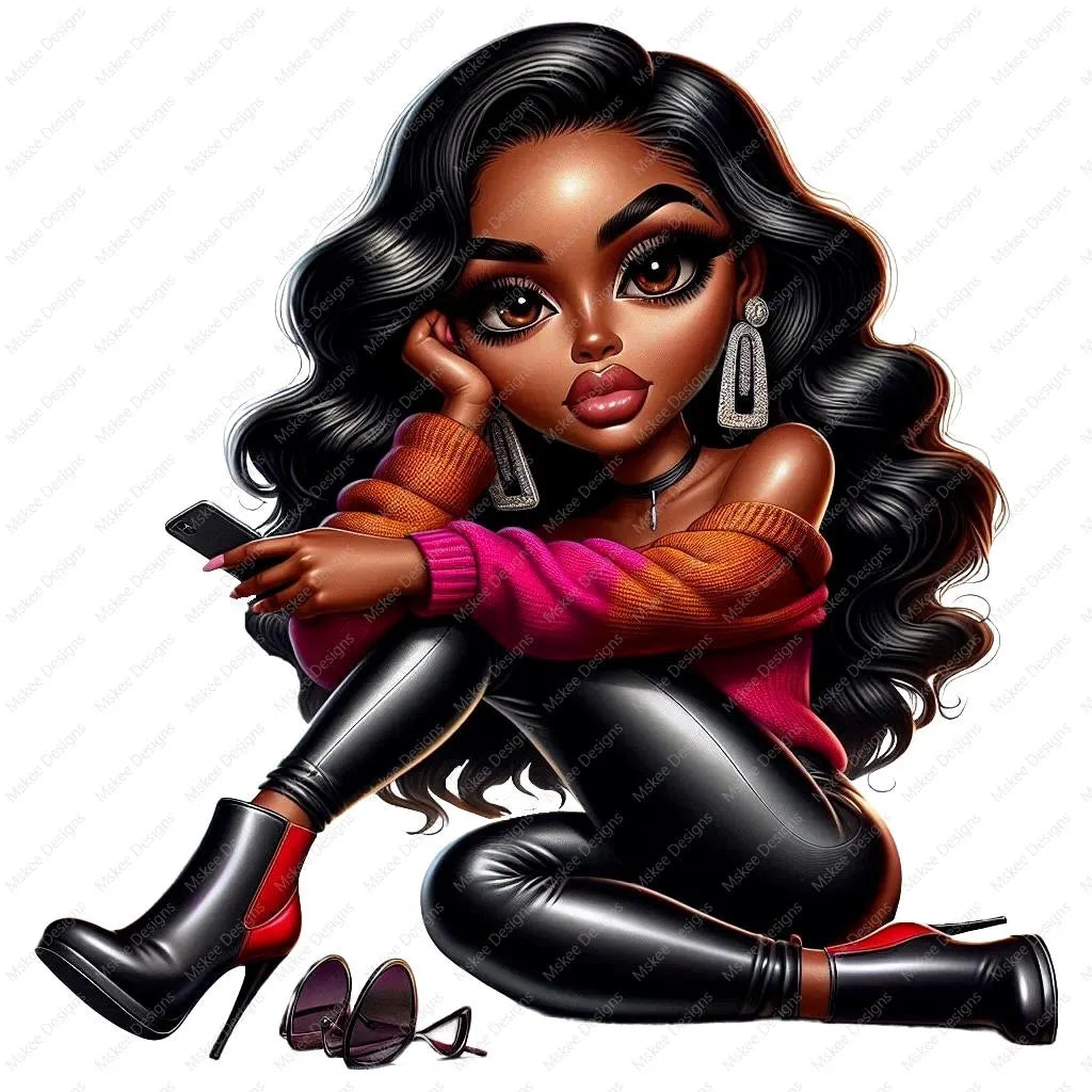A high-resolution PNG illustration of a beautiful African American woman with flawless melanin skin, styled like a true diva. The bundle includes a full-body design and a 20oz tumbler wrap layout. She stands in a confident pose, dressed in fashionable clothing with glam details. Transparent background included, ideal for planners, sublimation, and Cricut crafts.