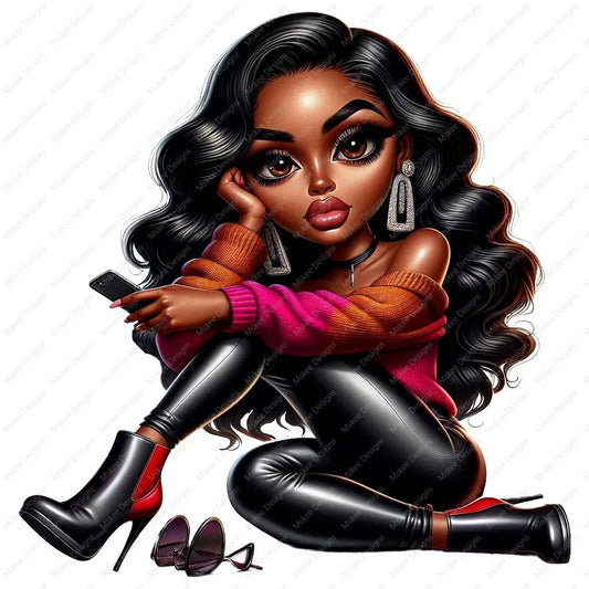 A high-resolution PNG illustration of a beautiful African American woman with flawless melanin skin, styled like a true diva. The bundle includes a full-body design and a 20oz tumbler wrap layout. She stands in a confident pose, dressed in fashionable clothing with glam details. Transparent background included, ideal for planners, sublimation, and Cricut crafts.