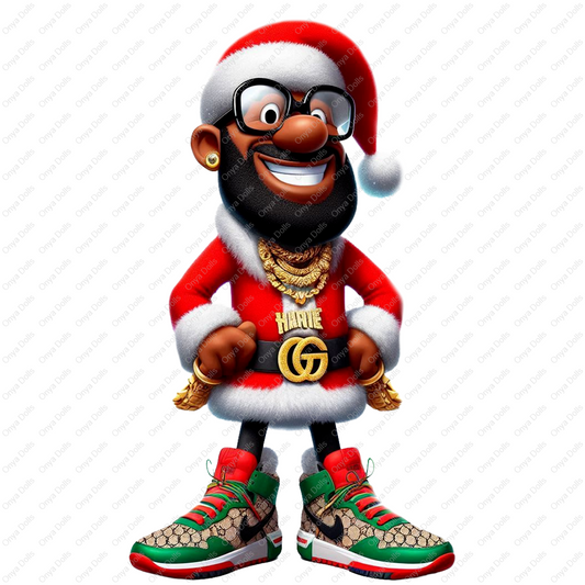 High-resolution PNG of a melanin-rich, urban-style Black Santa and cool Christmas Elf duo, with holiday outfits and bold attitude. Transparent background.
