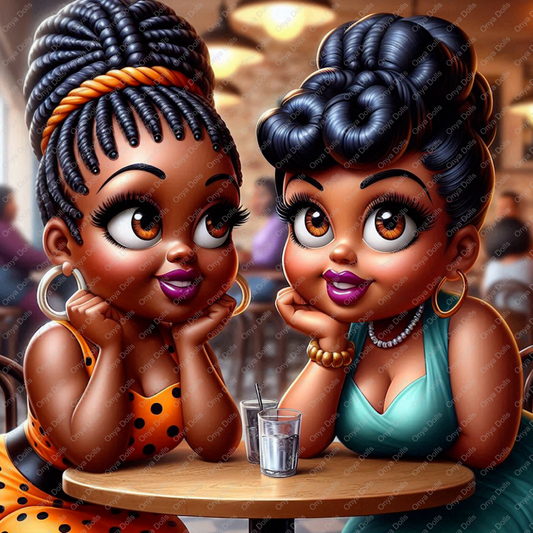 High-resolution PNG of stylish African American women representing cousins or sisters enjoying a girls day or night out, with bold fashion and fun energy.

