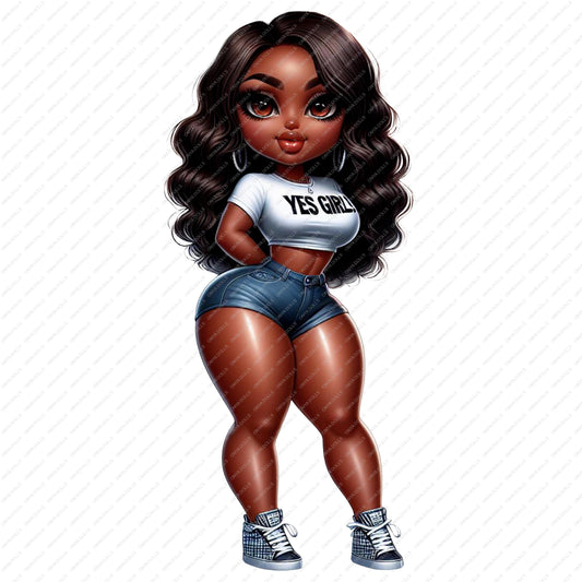 Cartoon character of a woman wearing a 'YES GIRLS' t-shirt on a white background