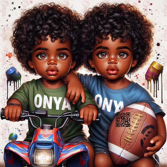 Melanin twin boys smiling and riding a green tractor. High-resolution PNG with transparent background for kids' crafts, sublimation, and educational projects.
