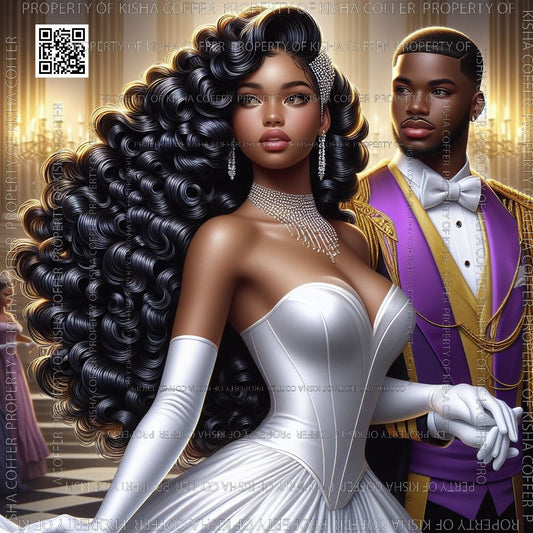 Melanin digital doll couple posed lovingly, with the woman styled as a queen and the man as her king. High-resolution PNG with regal and affectionate energy, perfect for romantic and cultural designs.
