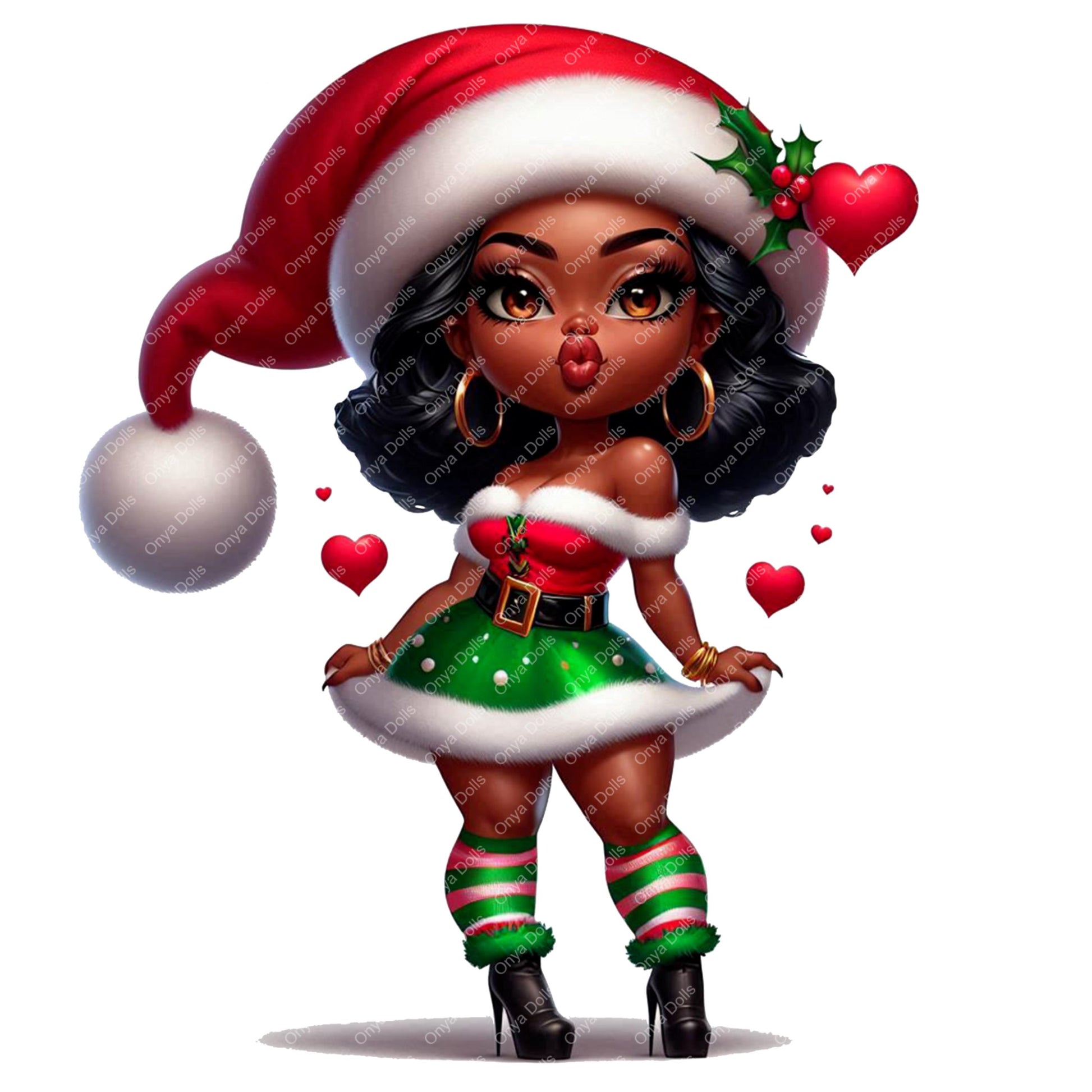 Illustration of a woman in a Christmas-themed outfit with a Santa hat and green dress.