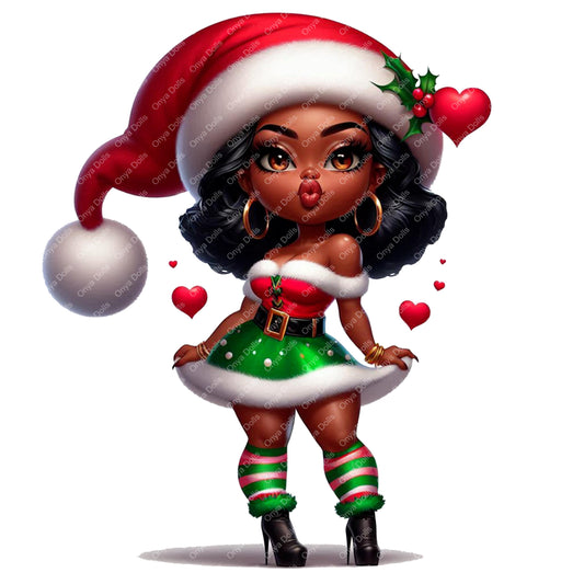 Illustration of a woman in a Christmas-themed outfit with a Santa hat and green dress.