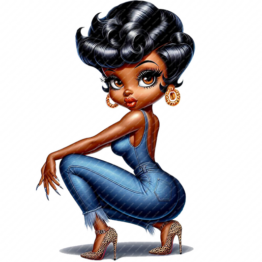 High-resolution PNG of an Afro Betty Boop-inspired character wearing a fashionable jean jumper and heels, posing confidently. Transparent background.
