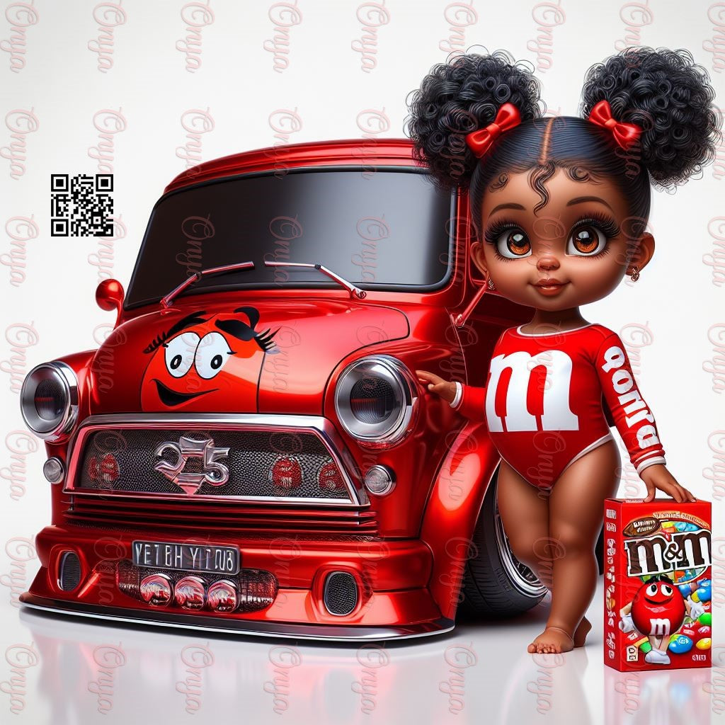 Cute digital clipart of a melanin child doll joyfully holding peanut butter M&M's candy, ideal for kids' crafts and printable projects.
