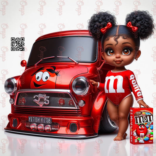 Cute digital clipart of a melanin child doll joyfully holding peanut butter M&M's candy, ideal for kids' crafts and printable projects.
