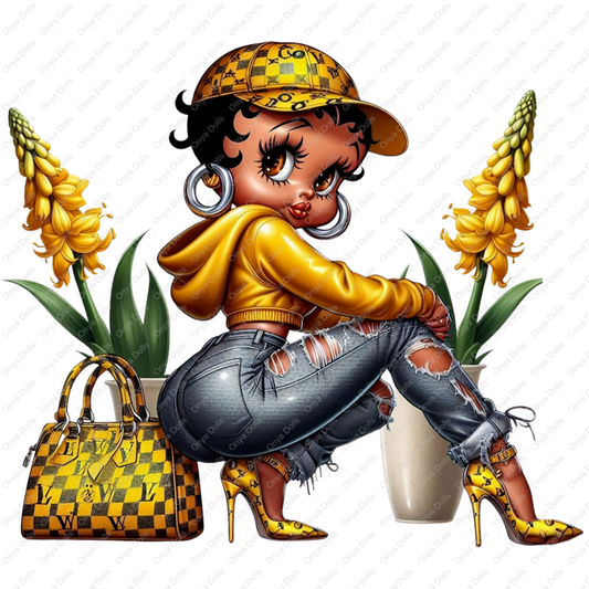 Afro Betty Boop styled as Baddie Boo in a yellow hoodie, ripped jeans, yellow heels, and matching purse with potted yellow flowers. High-res PNG for crafts.
