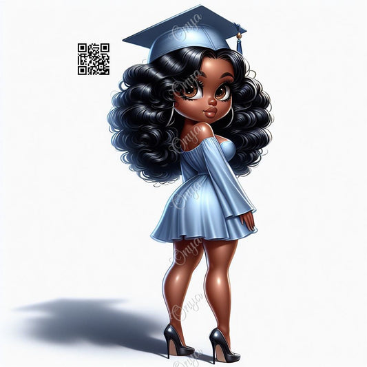 High-resolution PNG of a melanin-rich Black woman in a baby blue graduation cap and gown, perfect for senior crafts, decor, and apparel.
