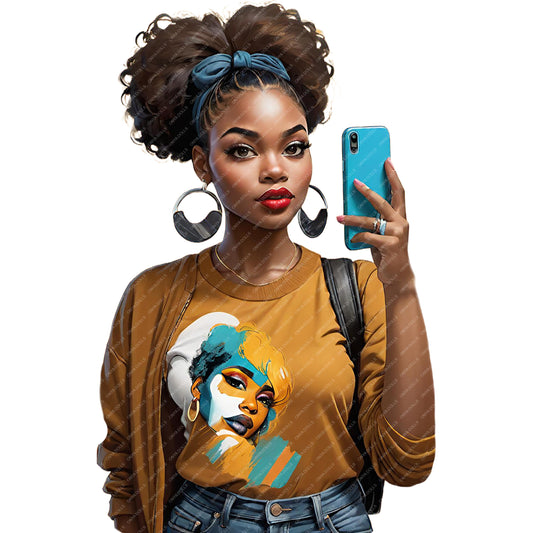 Woman wearing a mustard yellow sweatshirt with a graphic of another woman's face, holding a blue phone.