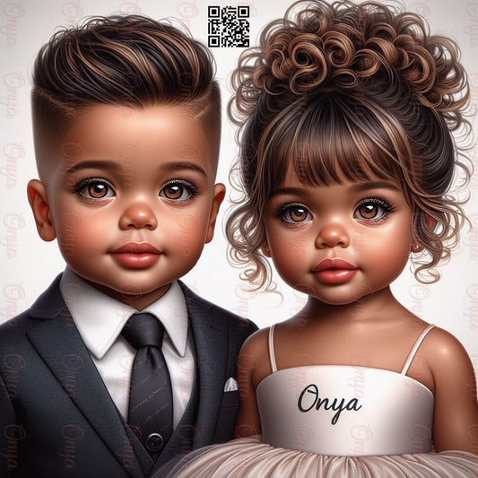 Adorable mixed-race melanin baby girl digital doll with soft curls and a joyful expression. High-quality PNG with transparent background for children’s designs.
