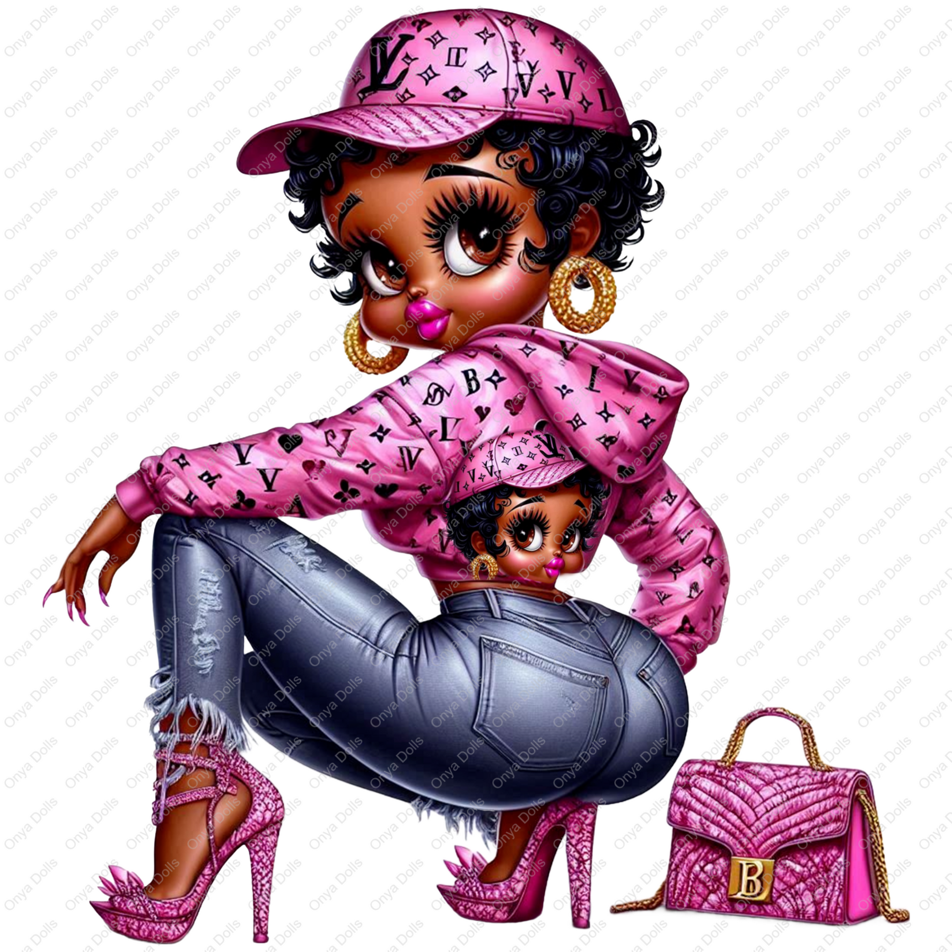 High-resolution PNG of Betty Boop in a stylish jacket with matching hat and purse, perfect for fashion transfers, shirts, tumblers, and crafts.
