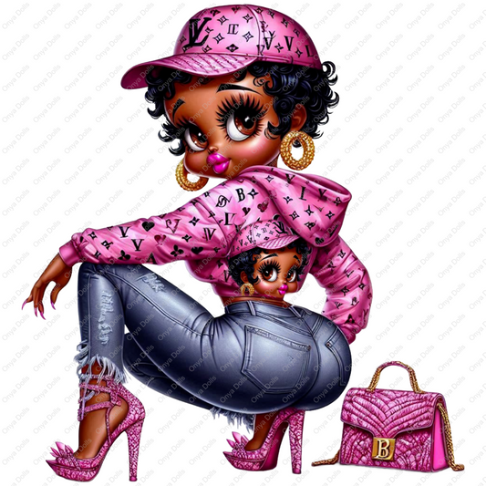 High-resolution PNG of Betty Boop in a stylish jacket with matching hat and purse, perfect for fashion transfers, shirts, tumblers, and crafts.
