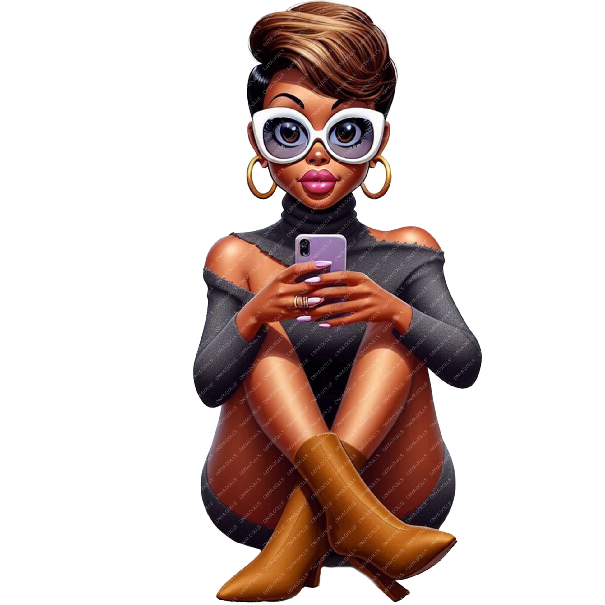 Illustration of a woman sitting and using a phone on a white background