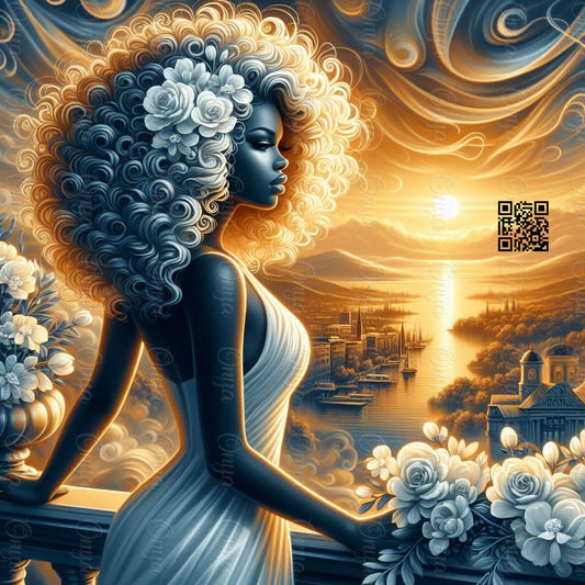 High-resolution PNG of a melanin-rich woman standing on a balcony during vacation, perfect for travel-themed planners, crafts, and decor.
