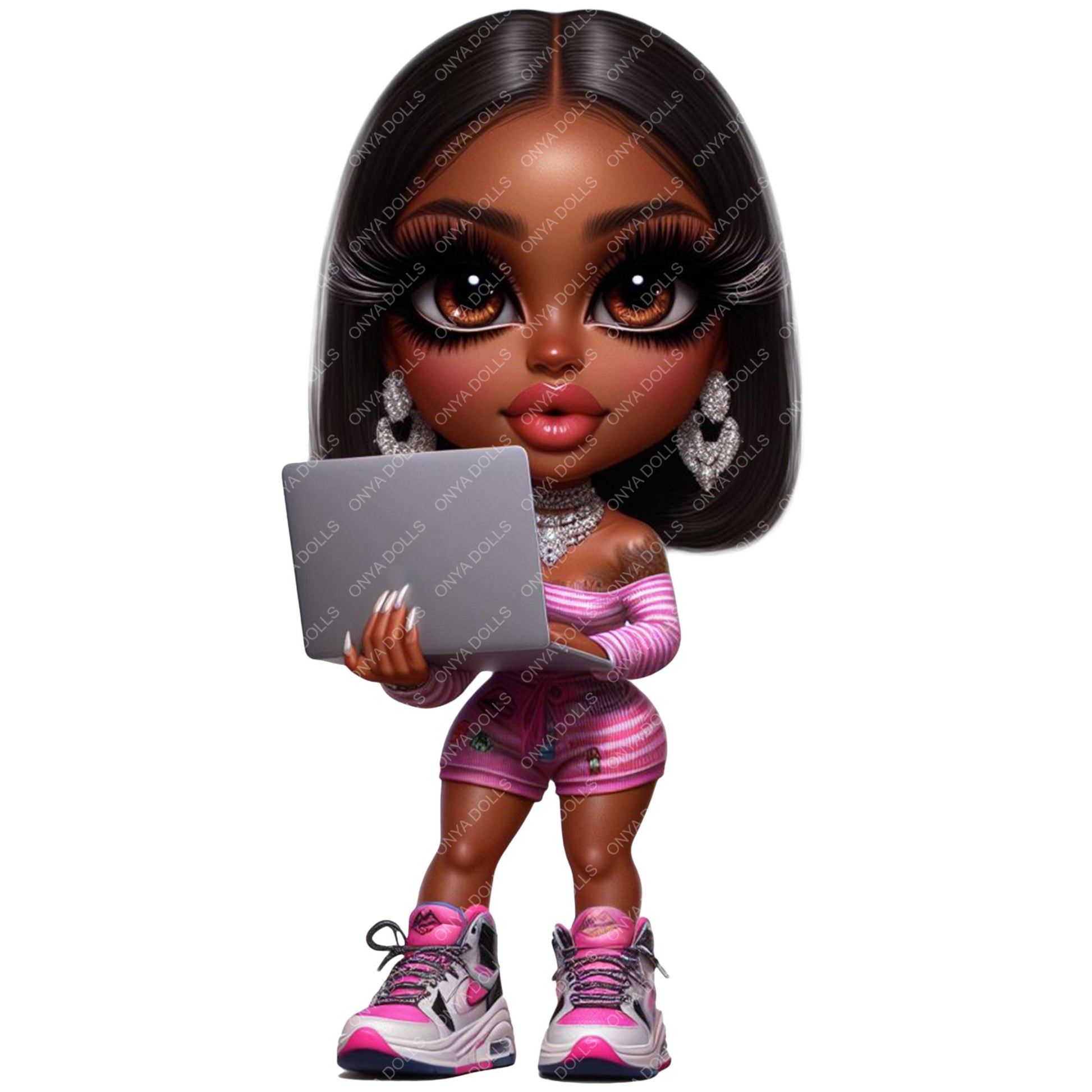 Doll with a laptop on a white background