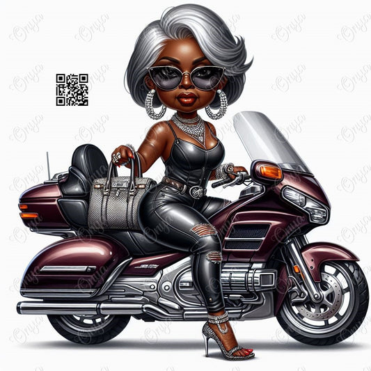 High-resolution PNG of a silver-haired melanin woman riding a Goldwing 1800 motorcycle, perfect for Black History Month designs and biker-themed crafts.
