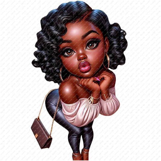 Cartoon illustration of a stylish girl with curly hair holding a handbag on a white background