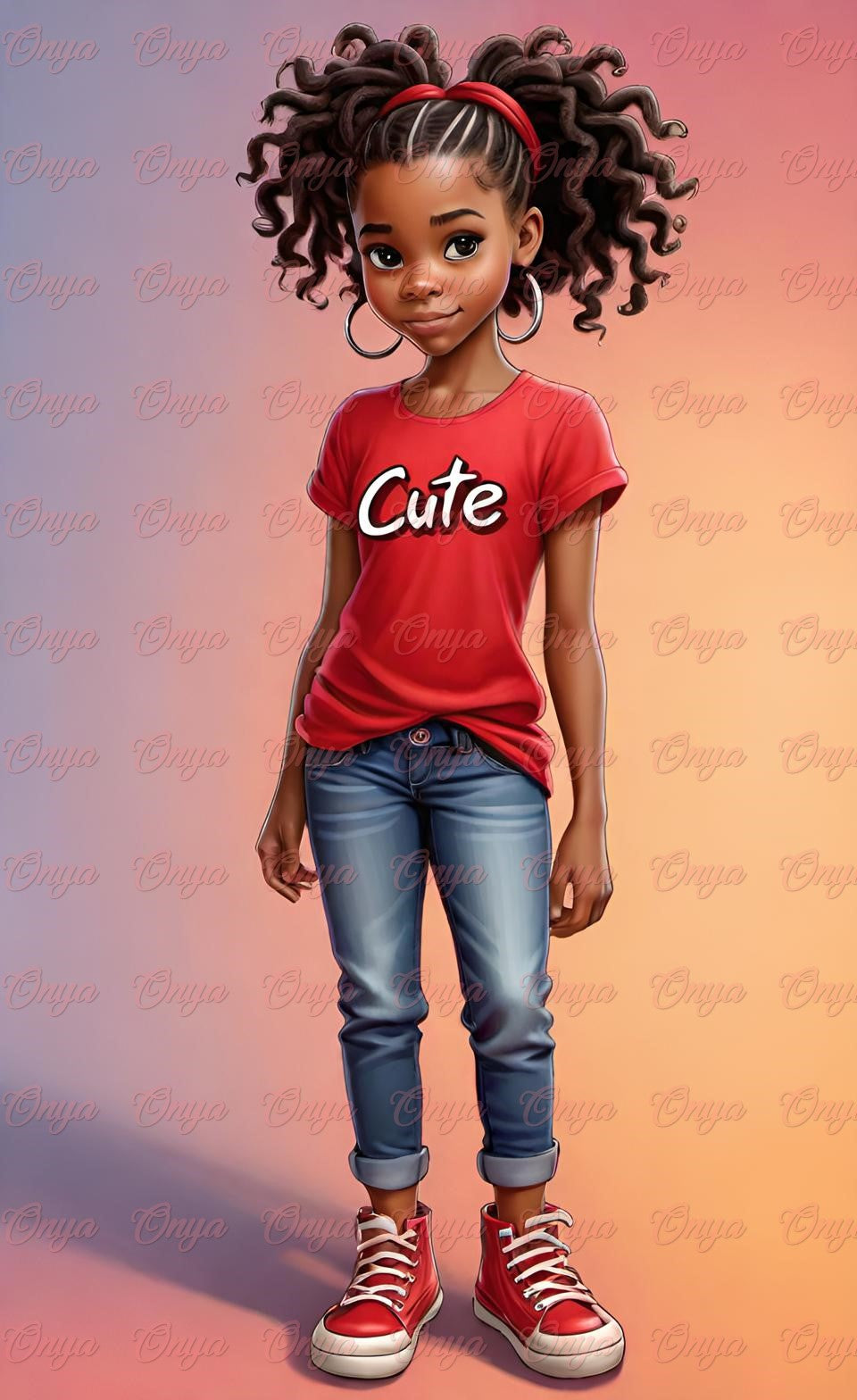 High-resolution PNG of a cute melanin-rich little girl in ONYA digital doll style. Transparent background, ideal for planners and kids’ sublimation designs.
