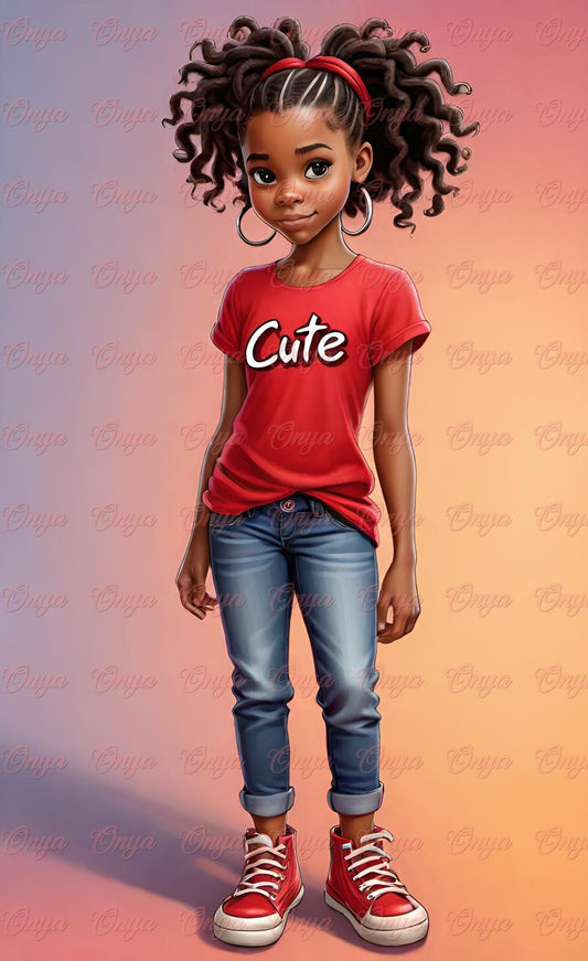 High-resolution PNG of a cute melanin-rich little girl in ONYA digital doll style. Transparent background, ideal for planners and kids’ sublimation designs.

