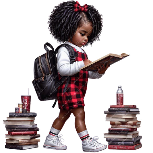 Illustration of a young girl reading a book with stacks of books and a soda can on a white background