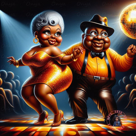 High-resolution PNG of Onya, G-Ma, and G-Da dancing on the floor, perfect for family crafts, party shirts, and melanin celebration designs.
